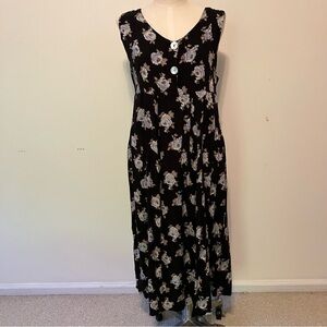 VTG Dressing Clio Dress Black Blue Floral Jumper Midi Sz L Pockets Y2K 90s Rayon
